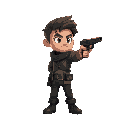 jrpg character npc small side view two hands holding a gun pointing at right direction