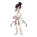 barefoot female blackbelt karate fighter in white gi. long belt ends flowing elegantly outward, falling vertically, symmetrical, equal in length. fighting pose. arrogant, challenging expression