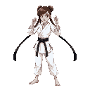 barefoot female blackbelt karate fighter in white gi. extra-long blackbelt ends, falling vertically, symmetrical, equal in length. fighting pose. arrogant, challenging expression