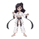 barefoot female blackbelt karate fighter in white gi. long belt ends flowing elegantly outward, falling vertically, symmetrical, equal in length. fighting pose. arrogant, challenging expression