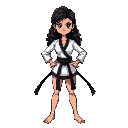 barefoot female blackbelt karate fighter. arrogant, challenging expression.  long belt ends flowing elegantly outward, falling vertically, symmetrical, equal in length dark curly hair, hands on hips