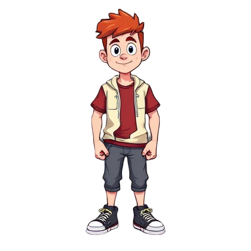 personagem palhaço de pele branca,cabelo roxo,uma camisa com manga branca,uma gravata vermelha,uma calça amarela e um tênis all star preto,suas bochechas possuem pequenos retângulos azul marinho claro