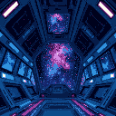 the interior of a big spaceship with the galaxy backwards