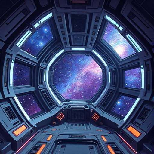 the interior of a big spaceship with the galaxy backwards
