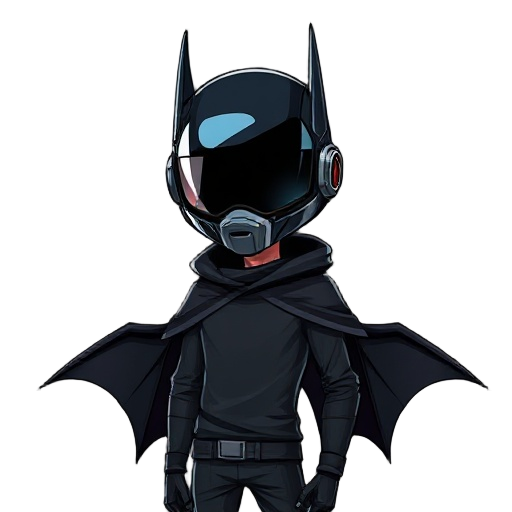 man with cyberpunk helmet black clothes thin with a cape that resembles bat wings