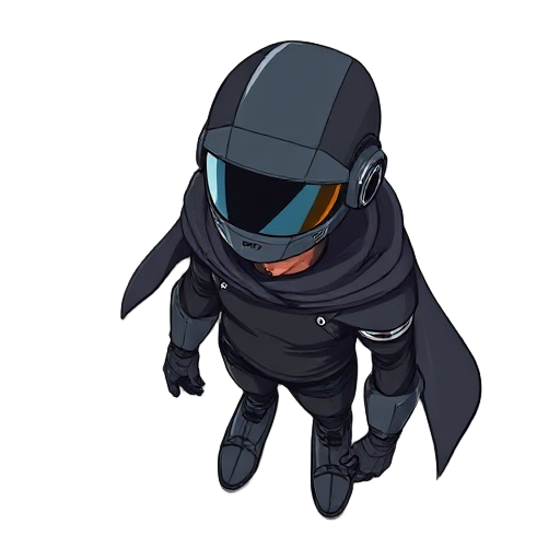man with cyberpunk helmet, black clothes, thin with a cape that resembles a robot but is human