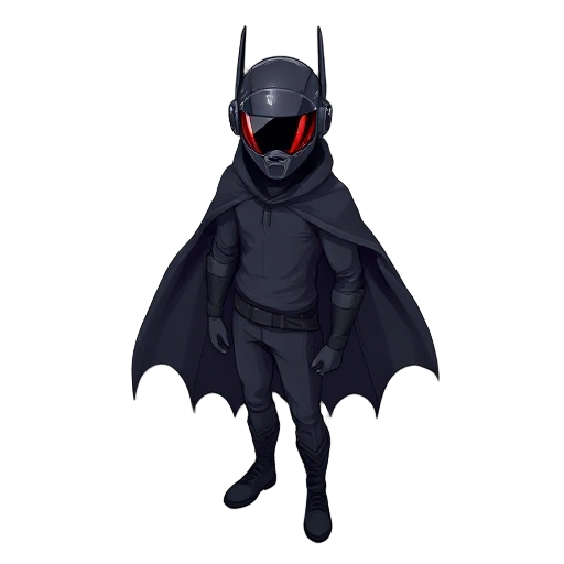 man with cyberpunk helmet black clothes thin with a cape that resembles bat wings