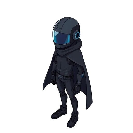 man with cyberpunk helmet, black clothes, thin with a cape that resembles a robot but is human