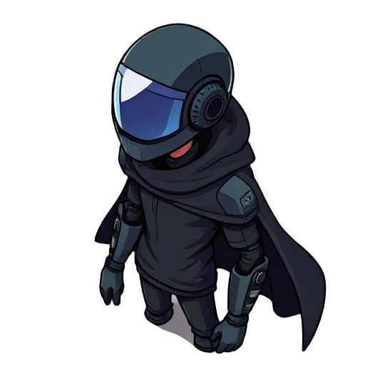 man with cyberpunk helmet, black clothes, thin with a cape that resembles a robot but is human