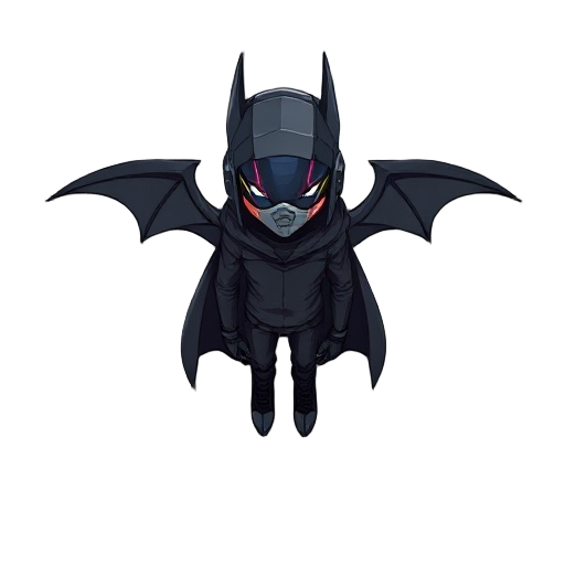 man with cyberpunk helmet black clothes thin with a cape that resembles bat wings