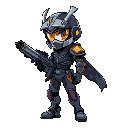 2d sidecroller character a powersuit wearing heroin with an energy rifle a helmet like a samurai full faced with a visor