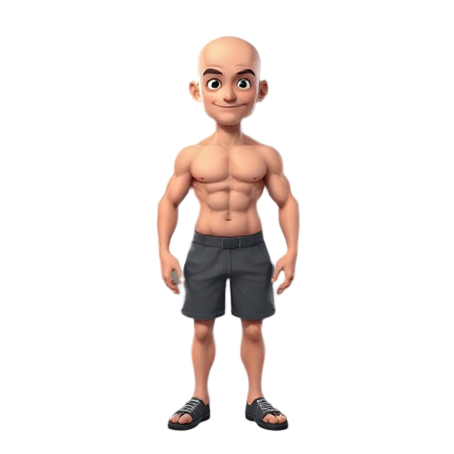 character without shorts, bald 1.80 front height and cartoon with realistic mesh anatomy 