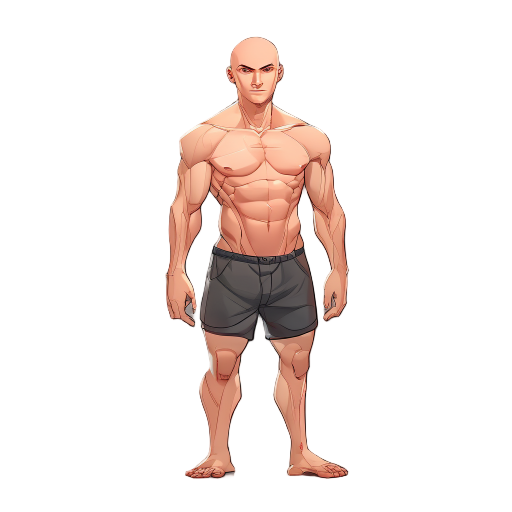 character without shorts, bald 1.80 front height and cartoon with realistic mesh anatomy 