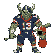  full body, monstrous  male creature, with horns, soft green skin, grotesque proportions, wearing tattered american high school jock uniform from the 90s, broken football helmet, one arm morphed into a large baseball bat, other arm into a basketball