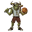 full body, monstrous  male creature, with horns, soft green skin, grotesque proportions, wearing tattered american high school jock uniform from the 90s, broken football helmet, one arm morphed into a large baseball bat, other arm into a basketball