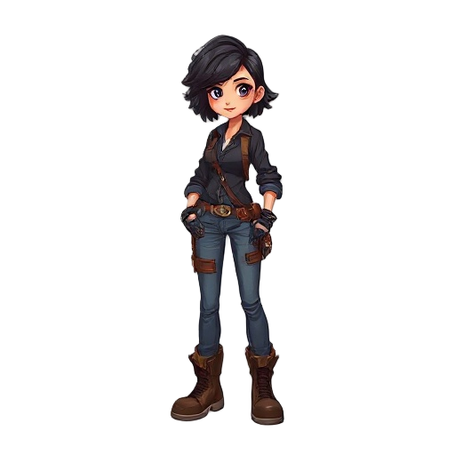 steam punk character menina cabelo curto preto, lenço vermelho no pescoço, calça jeans, camisa preta, e luvas, bolsa e bota de couro