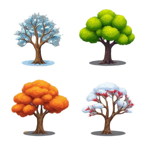 different trees and their variations for each season of the year, winter, autumn, summer and spring
