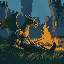 close-up of a knight laying on grass by the campfire with his dragon in a old castle