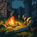 close-up of a knight laying on grass by the campfire in a old castle, his sword is on the ground