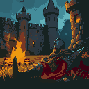 close-up of a knight laying on grass by the campfire with his dragon in a old castle