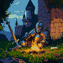 close-up of a knight laying on grass by the campfire in a old castle, his sword is on the ground