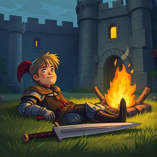 close-up of a knight laying on grass by the campfire in a old castle, his sword is on the ground