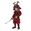 samurai in red and black armor, holding a katana, side view, p calm stance, small shoulder armor, traditional helmet.