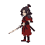 samurai in red and black wears, holding a katana, side view, calm stance, small shoulder armor, long hair