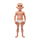 character wearing only underwear, humanized, hairless, bald, defined body, standing