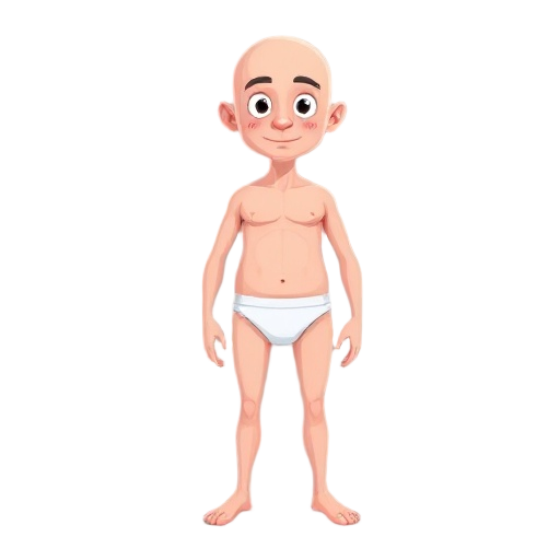 character wearing only underwear, humanized, hairless, bald, defined body, standing