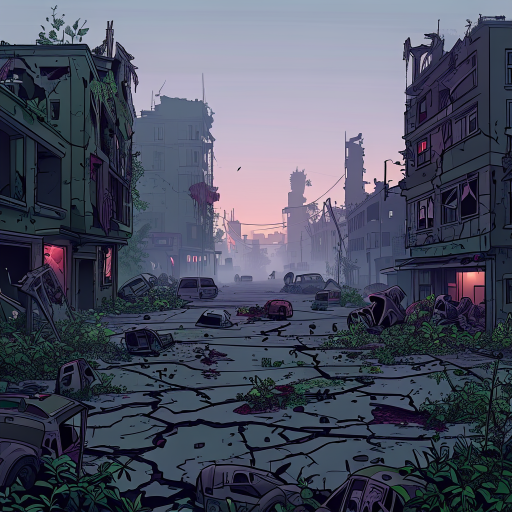 a post-apocalyptic abandoned city at dusk, buildings crumbling, streets cracked and overgrown with weeds, broken vehicles scattered around, fog covering the ground. dozens of zombies roam the empty st