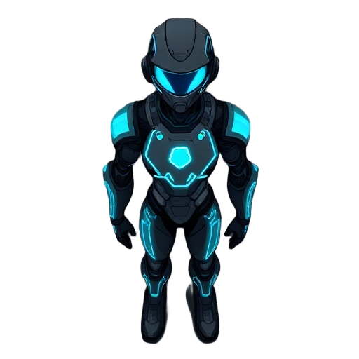 a sleek humanoid ai with a glowing blue visor, black armor with neon cyan circuits, digitized limbs, and a floating core in their chest, standing in a dark virtual space with code lines drifting.