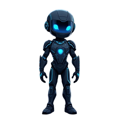 a sleek humanoid ai with a glowing blue visor, black armor with neon cyan circuits, digitized limbs, and a floating core in their chest, standing in a dark virtual space with code lines drifting.