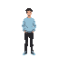 young men nearly 18 years old tall and fit men he have a light blue sweatshirt and have black jean and white black shoes sharp face long hair