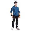 18 year old men blue seatshirt medium heigh and fit body black jean white shoe fighter men