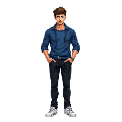 18 year old men blue seatshirt medium heigh and fit body black jean white shoe fighter men