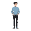 young men nearly 18 years old tall and fit men he have a light blue sweatshirt and have black jean and white black shoes sharp face long hair
