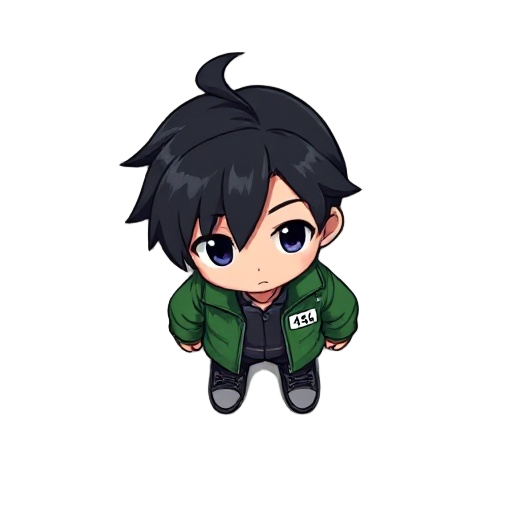 black haired character with green jacket writing with a white card near the collar "456"