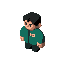3d black haired character with green jacket writing with a white card near the collar "456"