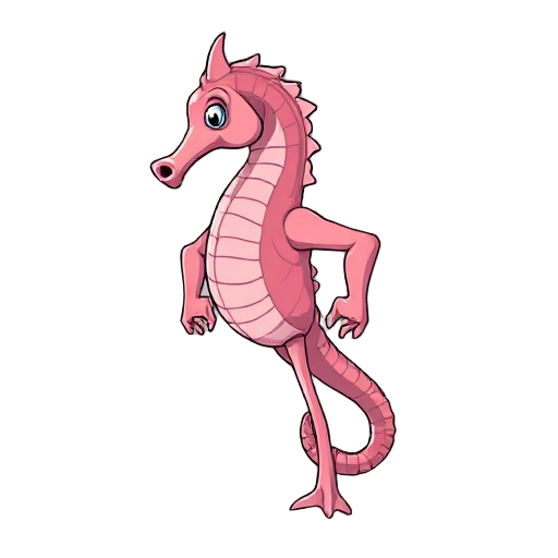 a seahorse with human legs and muscular human arms, its skin is pink but its arms and legs are human in color as if they don't fit on it.