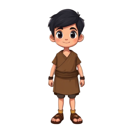 basic fantasy villager character, wearing simple brown tunic and sandals, average facial features, short black hair