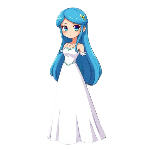 princess with blue hair, long white dress