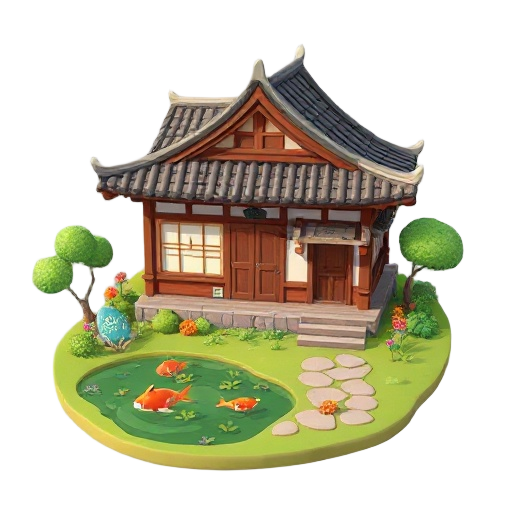 create a 2d asset of a traditional house with a garden and fish pond in front of it, also a footpath and stairs for the entrance to the traditional house