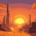 a futuristic desert city with towering skyscrapers, ancient-modern design, bustling markets, and rockets ready to launch, set against a vibrant sunset and golden dunes.