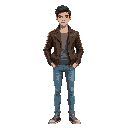 a handsome young guy with light skin and short dark brown hair wearing a sleek brown leather jacket and light blue skin-tight jeans.