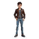 a handsome young guy with light skin and short dark brown hair wearing a sleek brown leather jacket and light blue skin-tight jeans.