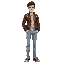 a handsome young guy with light skin and short dark brown hair wearing a sleek brown leather jacket and light blue skin-tight jeans.