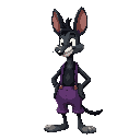 rubberhose styled, 2000s fable, jerboa, purple pants and suspenders, long snout, classic disney, fred moore style, facial crest, black fur, mickey mouse style