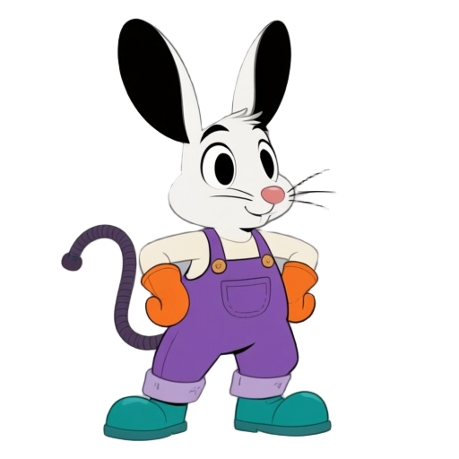 a 1930s-style cartoon jerboa with tall black ears, white face, and big expressive eyes, dressed in purple overalls, teal shoes, and orange gloves. short snout, rubber hose limbs, confident pose, simple shading,