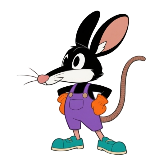 a 1930s-style cartoon jerboa with tall black ears, long toes, long snout, black fur, white facial crest, and big expressive eyes, dressed in purple overalls, teal shoes, and orange gloves. short snout, rubber hose limbs, confident pose, simple shading,
